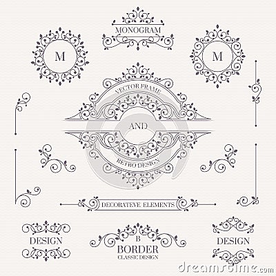 Set of decorative elements. Decorative monograms, borders, frame Vector Illustration