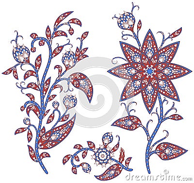 Set of decorative fantasy flowers, leaves and branches inspired indian paisley culture. Floral embroidery in oriental style. Vector Illustration