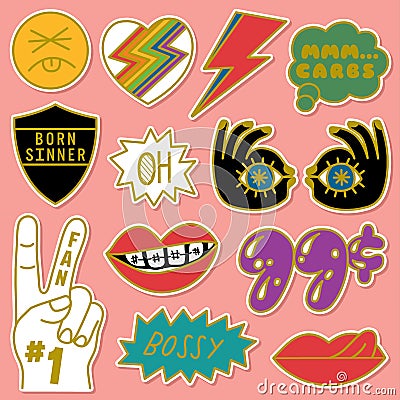 Set of Decorative Fashion Patches, Badges, or Pins Vector Illustration