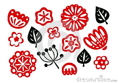 Set of decorative flowers and leaves on a white background. Printmaking style. Stock Photo