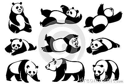 Set of decorative illustrations pandas. Vector Illustration