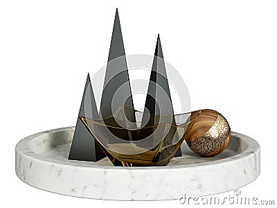 Set of decorative marble tray with metal pyramids, glass bowl and wooden ball. Home decor and accents. Home decorative Stock Photo