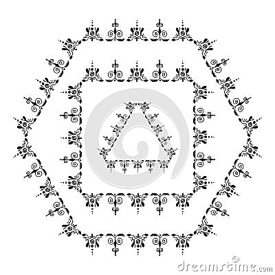 Set of decorative ornamental border with corner. Triangular, quadrangular, hexagonal frames. Two kinds of ornamental elements Stock Photo