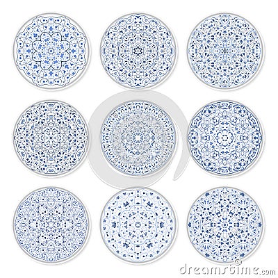 Set of decorative plates with a arabic blue pattern. Vector Illustration