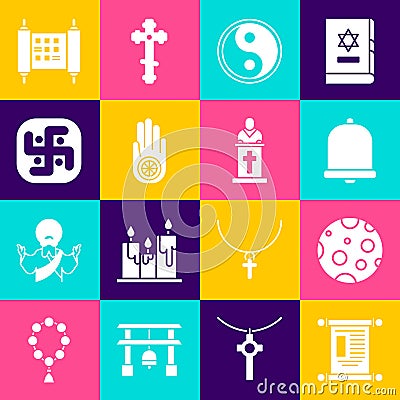 Set Decree, paper, parchment, scroll, Moon, Church bell, Yin Yang, Jainism or Jain Dharma, and pastor preaching icon Vector Illustration