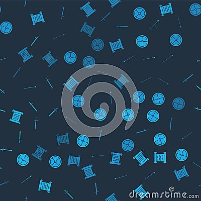 Set Decree, parchment, scroll, Round wooden shield, Medieval spear and sword on seamless pattern. Vector Vector Illustration