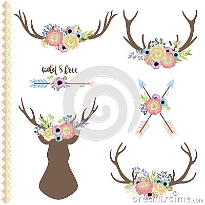 Set of deer horns with flowers Vector Illustration