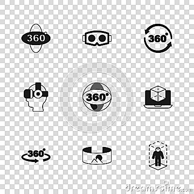 Set 360 degree view, 3d modeling, Virtual reality glasses and icon. Vector Vector Illustration