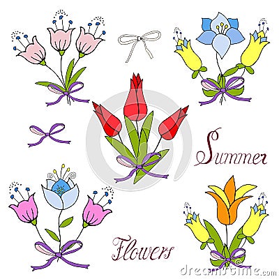 Set of delicate bouquets with flowers tulips Vector Illustration