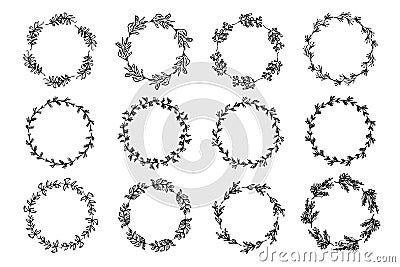 Set of delicate sketch botanical round wreaths Vector Illustration