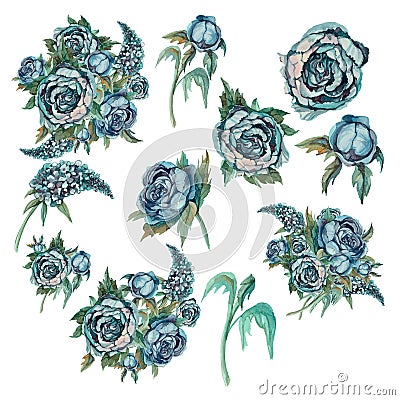 Set of delicate watercolor flowers. Roses peonies lilacs. Bouquets and individual flowers for decoration. Turquoise Stock Photo