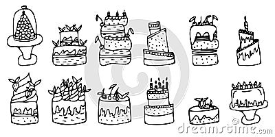A set of delicious beautiful cakes. Vector Illustration
