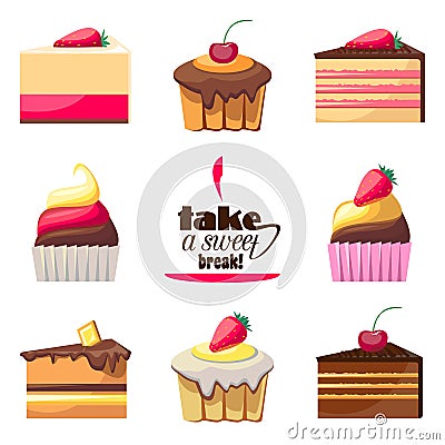 Set of delicious biscuits. Yummy cupcakes, donuts Vector Illustration