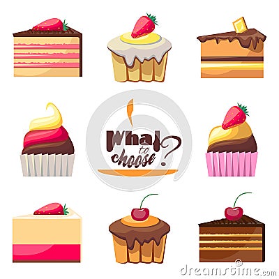 Set of delicious biscuits. Yummy cupcakes, donuts Vector Illustration