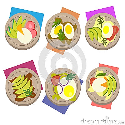 set of delicious breakfasts with egg, avocado and herbs in a plate with a napkin, vector illustration design, top view. Breakfast Vector Illustration