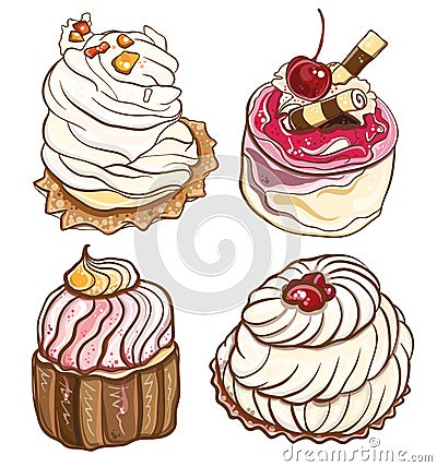 Set of delicious cakes with cream and berries Vector Illustration