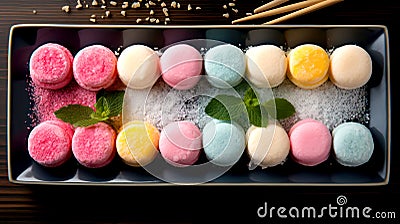 Set of delicious colorful mochi with mint leaves on a plate. Delicious Assortment of Colorful Sweet Desserts Stock Photo