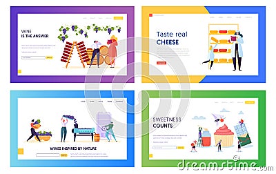 Set of Delicious Food and Drink Producing Landing Page Templates. People Characters in Confection, Winemaking and Cheesmaking Vector Illustration