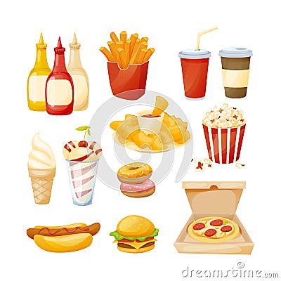 Set of delicious food, sauces and drinks from fast food. Vector Illustration