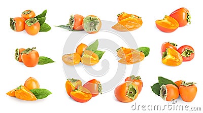 Set of delicious fresh ripe persimmons on white background Stock Photo