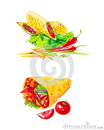 Set of delicious fresh Shawarma with herbs,chili peppers, French fries,tomatoes and ketchup. Watercolor illustrations isolated on Cartoon Illustration