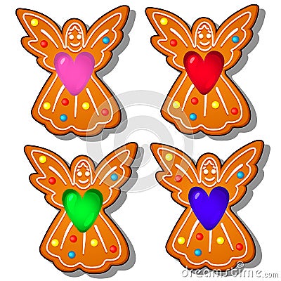 Set of delicious gingerbread in the shape of an angels isolated on white background. Traditional Christmas festive cakes Vector Illustration