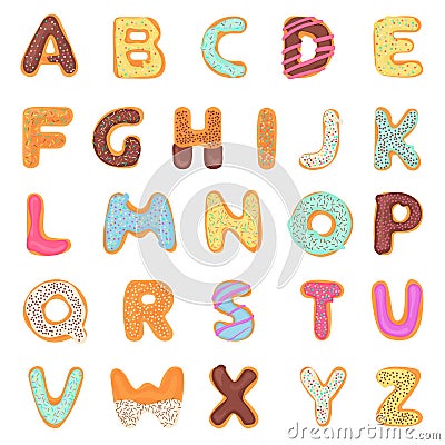 Set of delicious, sweet, like donuts, glazed, chocolate, yummy, tasty, shaped alphabet font letters isolated on white Vector Illustration