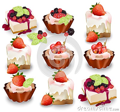 Set of delicious sweets and desserts with fruits. Summer confectionery bakery treats Vector illustration Vector Illustration