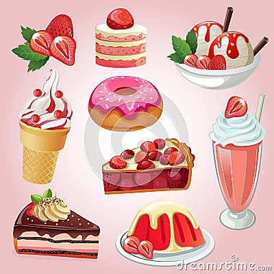 Set of delicious sweets and desserts with strawberry flavors Vector Illustration