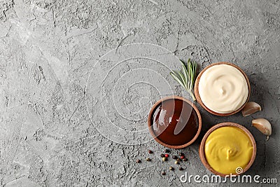 Set of delicious tasty sauce, ingredients on grey background, space for text Stock Photo