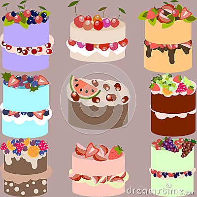 Set of delicious vector cakes with fruits and berries Vector Illustration