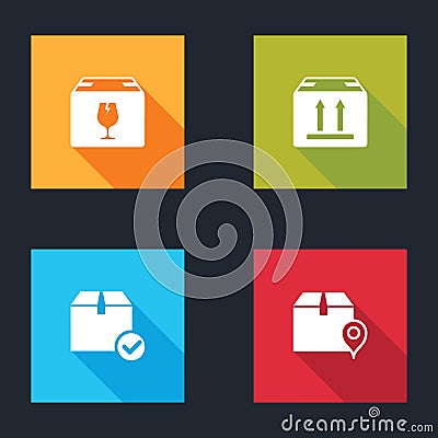 Set Delivery box with fragile content, Cardboard traffic, Package check mark and Location cardboard icon. Vector Stock Photo