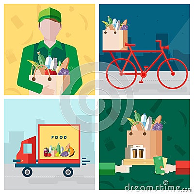 Set on delivery food theme. Courier, bicycle, payment for a purchase. Colorful vector illustrations collection in flat Vector Illustration