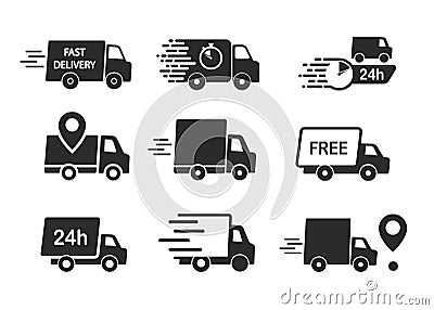 Set of delivery icons. Fast delivery, free delivery, 24 hours, truck Stock Photo