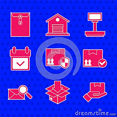 Set Delivery pack security with shield, Cardboard box traffic symbol, hand boxes, Package check mark, Envelope Stock Photo