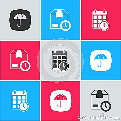 Set Delivery package with umbrella, Cardboard box clock and calendar icon. Vector Stock Photo