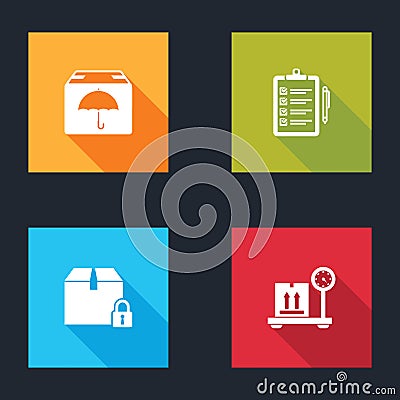 Set Delivery package with umbrella, Verification of delivery list, Locked and Scale cardboard box icon. Vector Vector Illustration