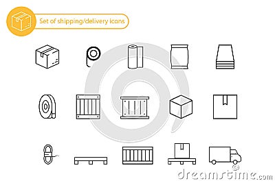 Set of delivery and shipping icons. Outline linear black icons. Logistic service set with box, pallet, container and rope elements Vector Illustration