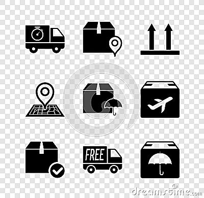 Set Delivery truck and stopwatch, Location with cardboard box, This side up, Package check mark, Free delivery service Stock Photo