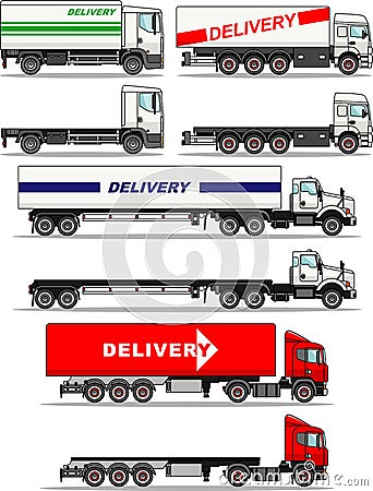 Set of delivery trucks isolated on white background in flat style. Vector illustration. Vector Illustration