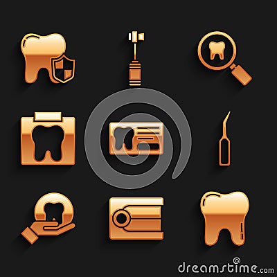 Set Dental card, Dentures model, Tooth, explorer scaler, X-ray of tooth, search and protection icon. Vector Vector Illustration