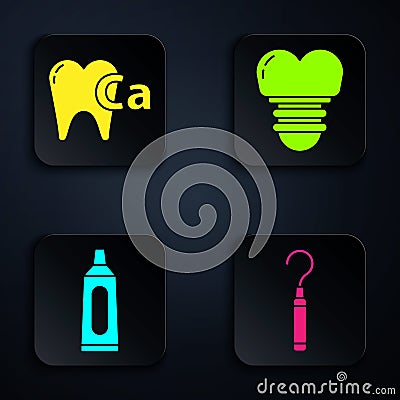 Set Dental explorer scaler for teeth, Calcium for tooth, Tube of toothpaste and Dental implant. Black square button Vector Illustration