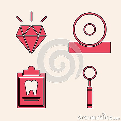 Set Dental inspection mirror, Diamond teeth, Otolaryngological head reflector and Clipboard with dental card icon Vector Illustration