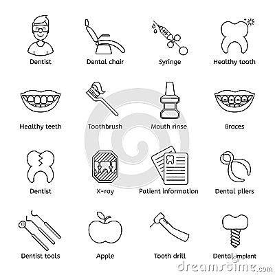Set of dental in modern thin line style. High quality black outline teeth symbols for web site design and mobile apps. Simple dent Stock Photo