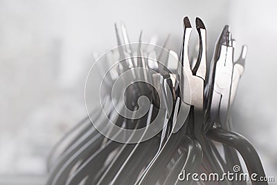 Set of dental pliers on foggy morning light Stock Photo