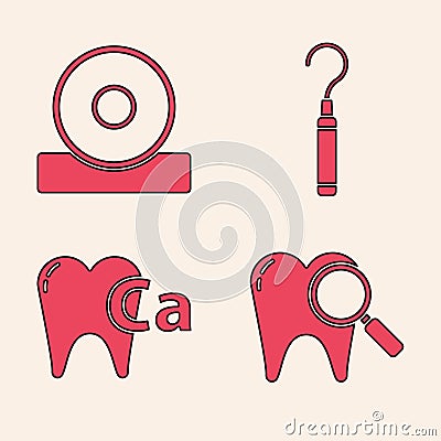 Set Dental search, Otolaryngological head reflector, Dental explorer scaler for teeth and Calcium for tooth icon. Vector Vector Illustration