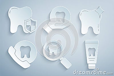 Set Dental search, Tooth whitening, Online dental care, Tube of toothpaste, and protection icon. Vector Vector Illustration