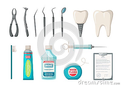 Set of dentist`s tools. Vector cartoon illustration. Clear teeth concept Vector Illustration