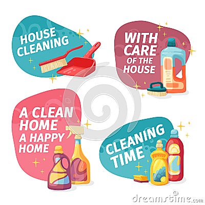 Set design banner House cleaning with cleaning products. Cartoon illustration household chemicals. Temlate for flyer Vector Illustration