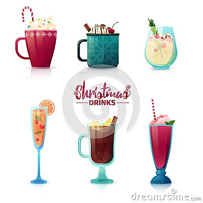 Set of design of Christmas drinks in cartoon style. Mulled wine, hot chocolate, milkshake for the New Year holiday Vector Illustration